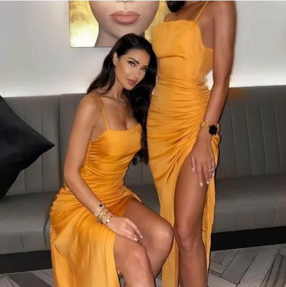 ZARA LONG SLIT DRESS ORANGE RUCHED SIZE XS - Picture 5 of 14